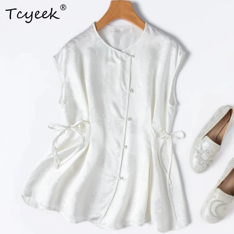 Tcyeek 100% Real Silk Tank Top Women 2026 Spring Summer Clean White New Chinese-style Fitted Slimming Top Clothing Ropa De Mujer