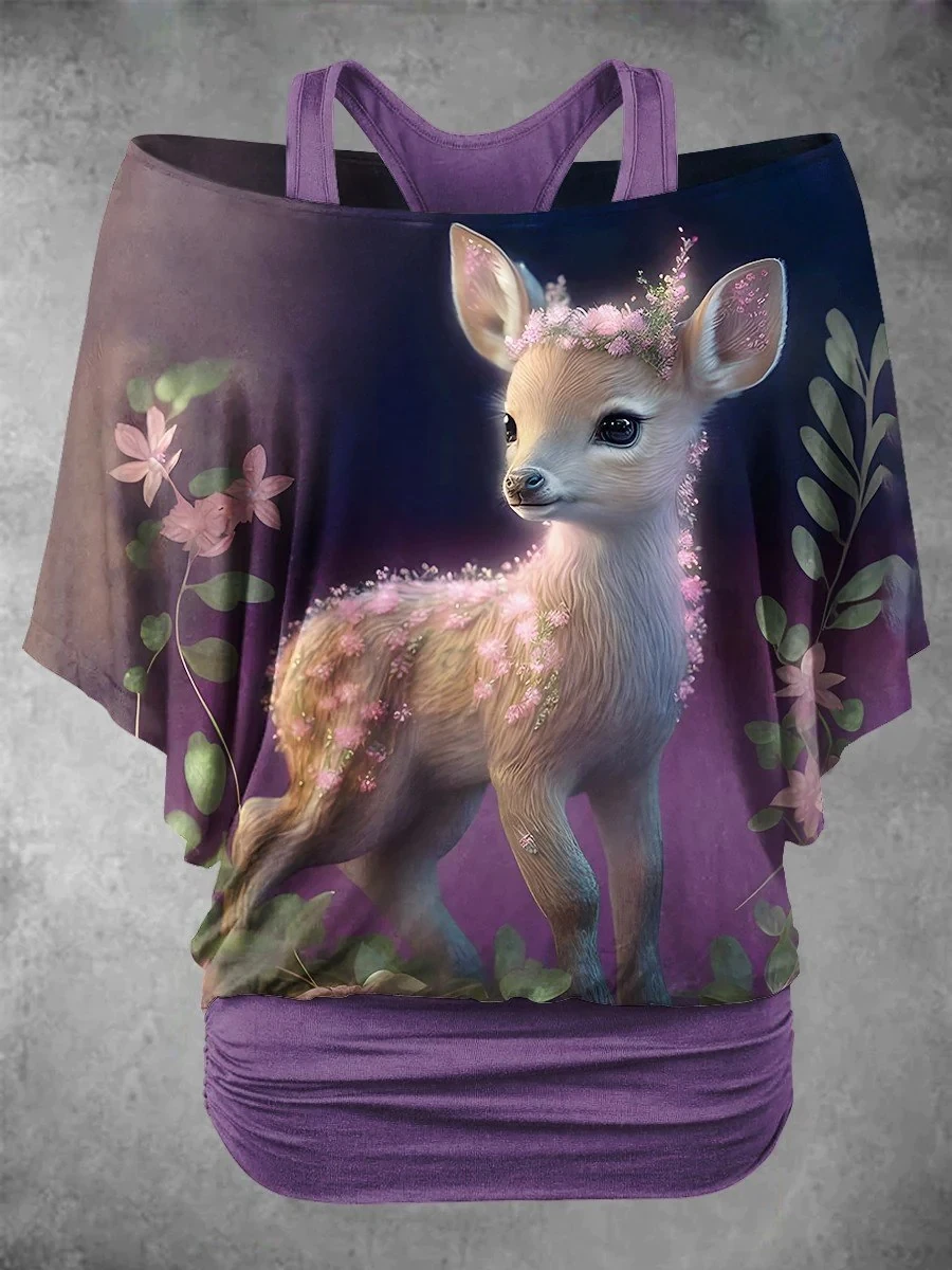

PLstar Cosmos Women's Deer & Lion & Elephant Art Design 3D Printed Fake two piece off shoulder top Summer Casual T-Shirts JLJ-08