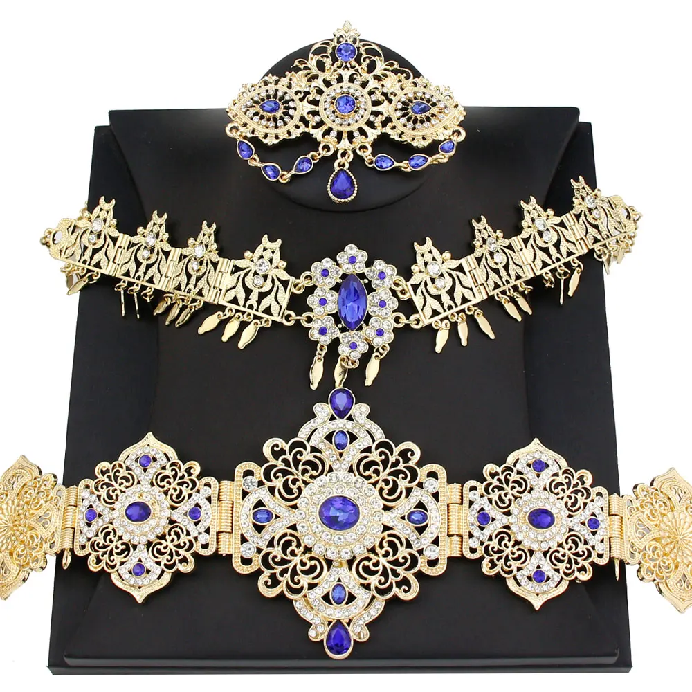 Sunspicems Gold Color Morocco Jewelry Sets Blue Crystal Caftan Waist Belt Hair Chain Hairband Brooch Algeria Bridal Bijoux