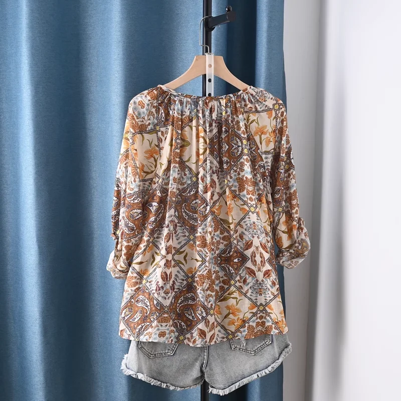 Bohemia Flower Printed Women's Blouse Ethnic Blouse Female Summer Ethnic Retro Holiday Summer Tops Woman 2025