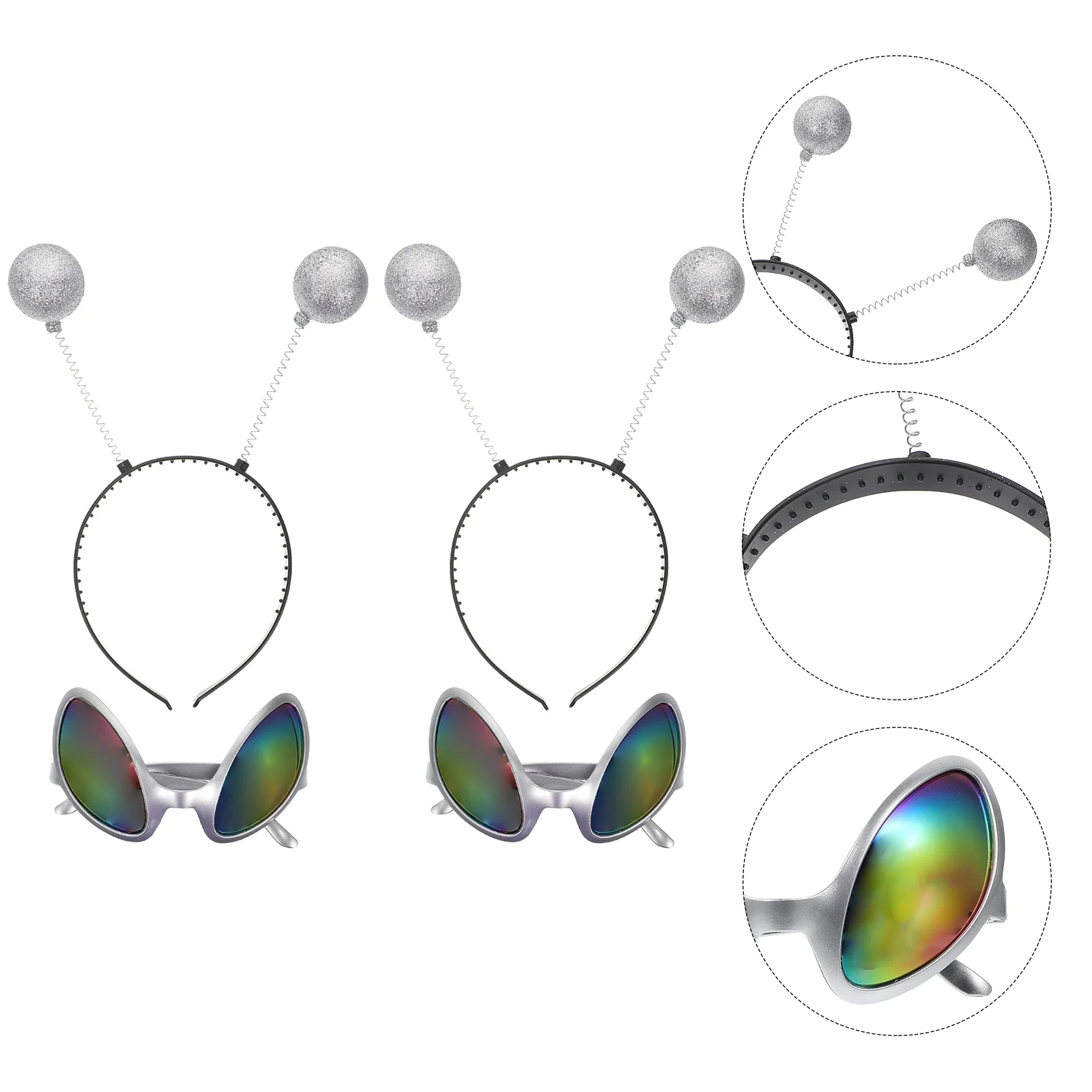 

2set Funny Alien Glasses Hair Hoops Silver Frame Colorful Lens Cosplay Party Accessories Plastic Props Festival Decorations