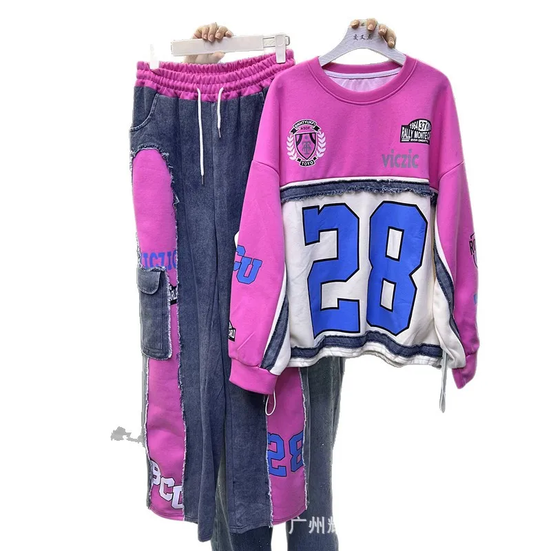 American High Street Women Hoodie Set Digital Print Round Neck Oversize Pullover Top + Elastic Waist Denim Splicing Casual Pants view 4