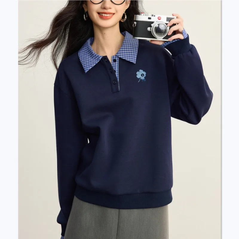 Women College Style Fake Two Piece Plaid Contrast Polo Sweatshirt Floral Embroidery Slim Casual Pullover For Autumn
