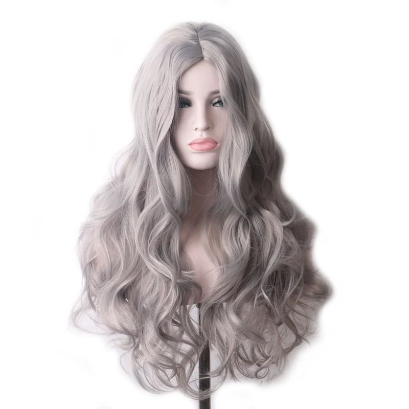 

Европейский и американский стиль Темно-серый парик Средняя часть Длинные вьющиеся волосы Парик с большой волной Парик на всю голову для женщин Синтетический высокотемпературный парик