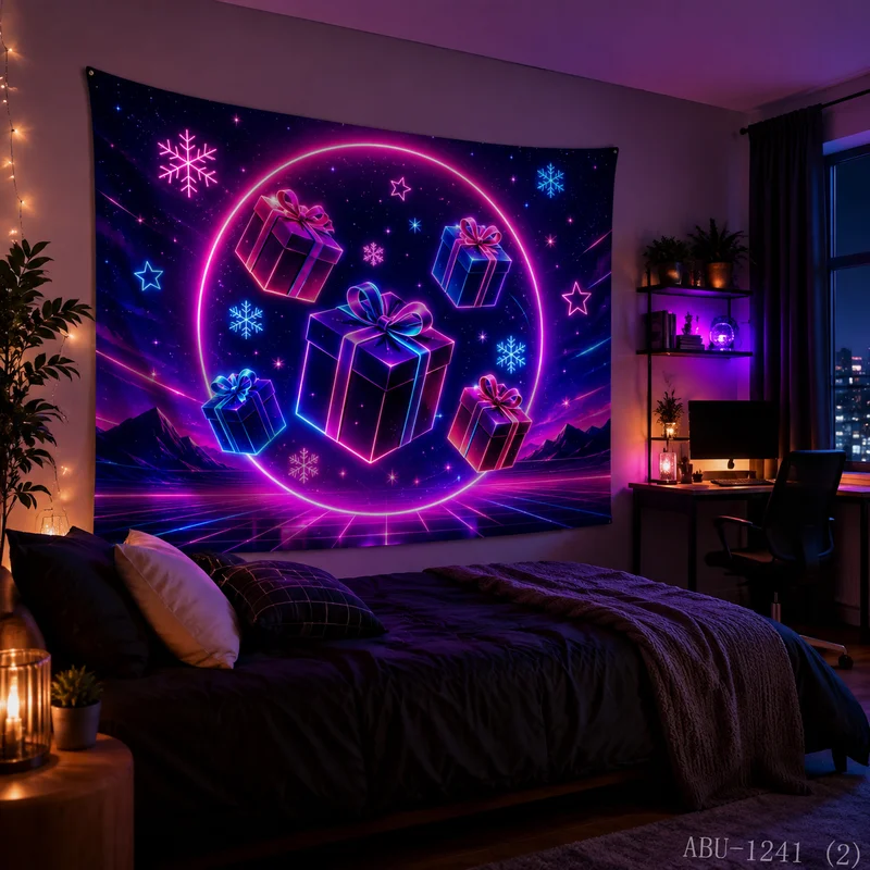 VIKAMA Neon Ring Starry Sky Suspension Gift Box Snowflake Mountain Christmas Tapestry HD Background Wall Room Decoration