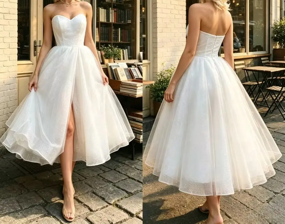 Customized 2026 Shiny Solid Color Open Seam Strapless Wedding Dress New Retro Glitter A-line Bridal Gown Suitable for Receptions