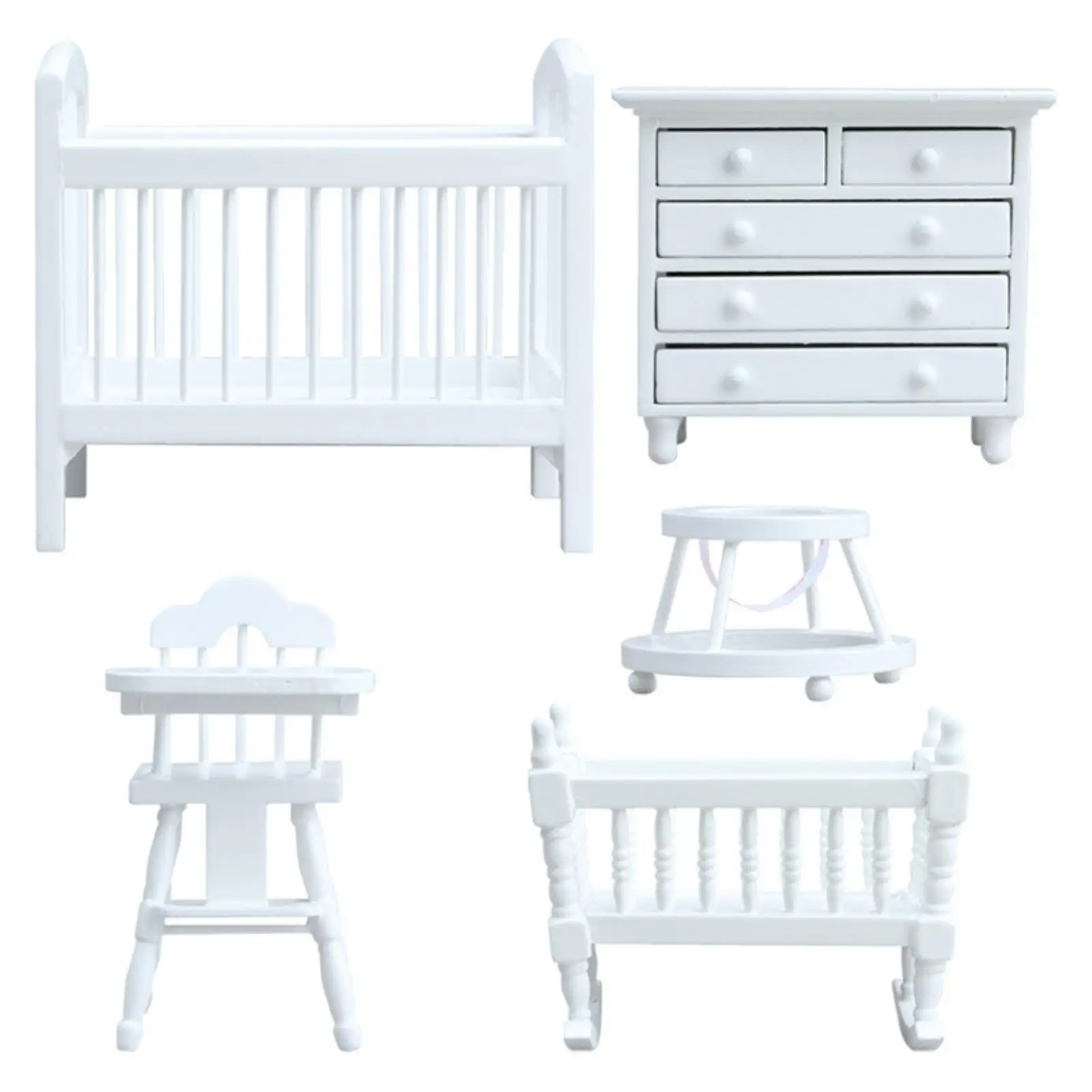 5 Pieces Dollhouse Nursery Set 1/12 Scale Dollhouse Furniture with Crib Wooden