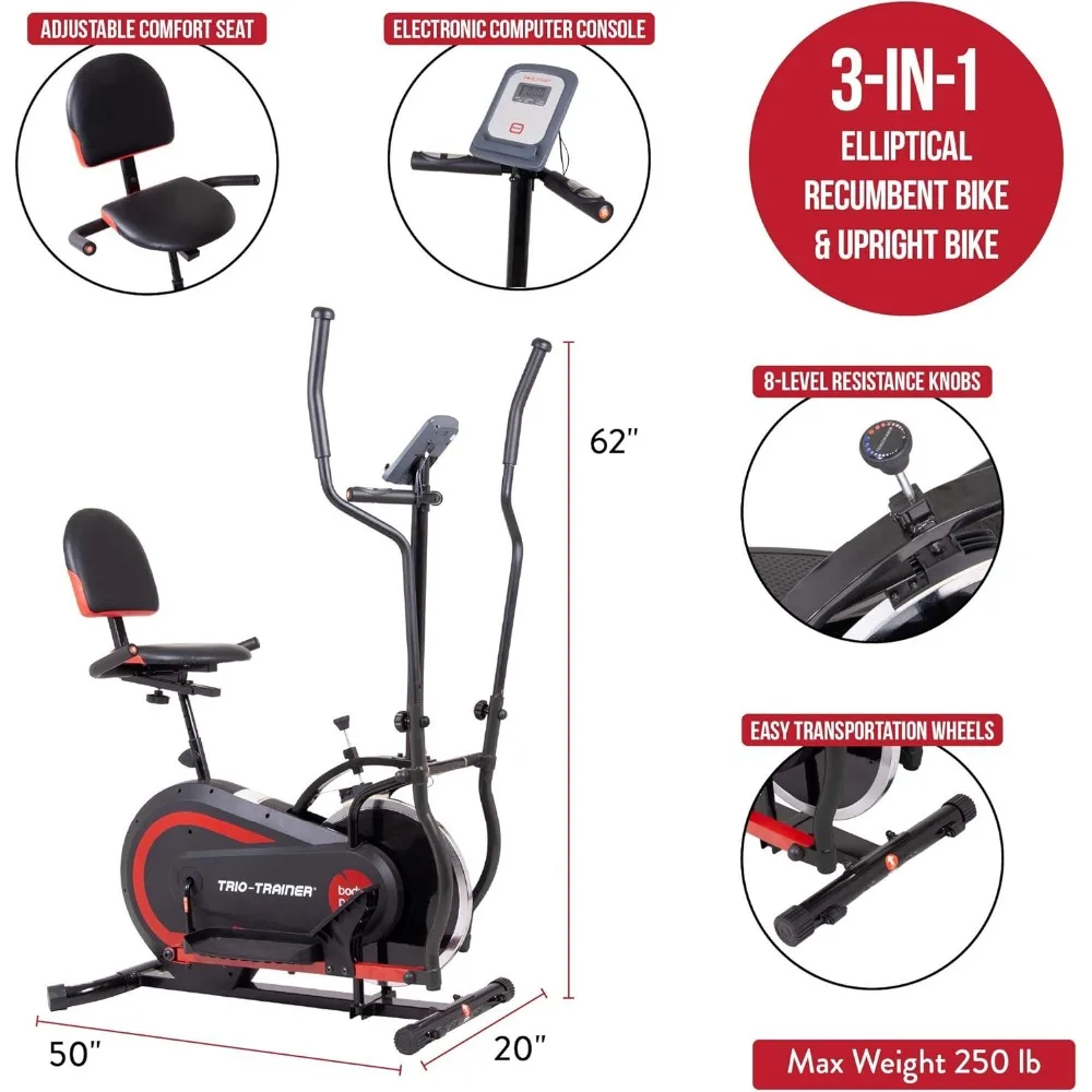 Máquina de ejercicio 3 en 1 patentada de 2. ª generación, elíptica con cojín para el respaldo del asiento, ciclismo vertical y modos de bicicleta reclinables