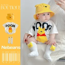 Disney Cartoon Pooh Bear Bodysuits Treasure Bag Fart Clothes Cotton Soft Summer Baby Clothes Newborn Photography Romper K5652