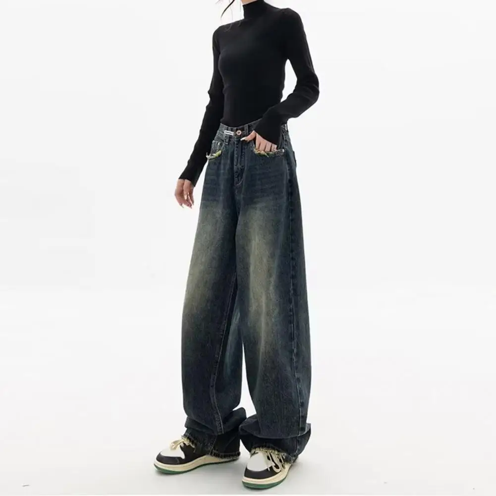 Women Jeans Vintage High Waist Wide Leg Denim Jeans with Deep Crotch Pockets Women's Streetwear Fashion Statement Distressed