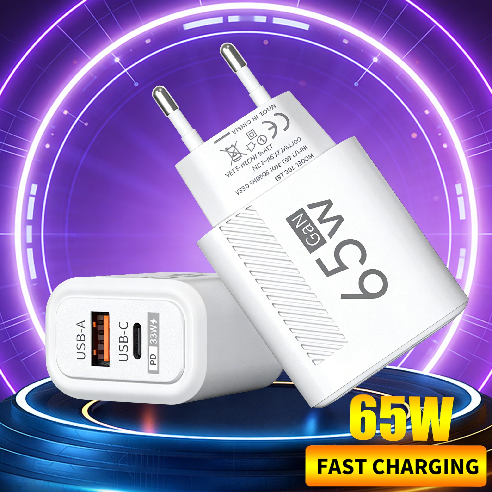 65W GaN USB C Charger 2 IN 1 Fast Charging Charger Adapter Quick Charge3.0 PD EU/US Plug For iPhone Xiaomi Samsung Huawei Tablet