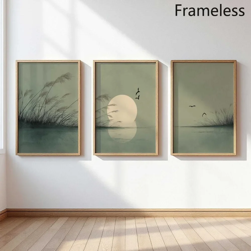 Multiple sizes 3pcs frameless Canvas Painting,3pcs Frameless,Sage Green Wall Art,Misty Horizon Printing,Simple Japanese Nature P