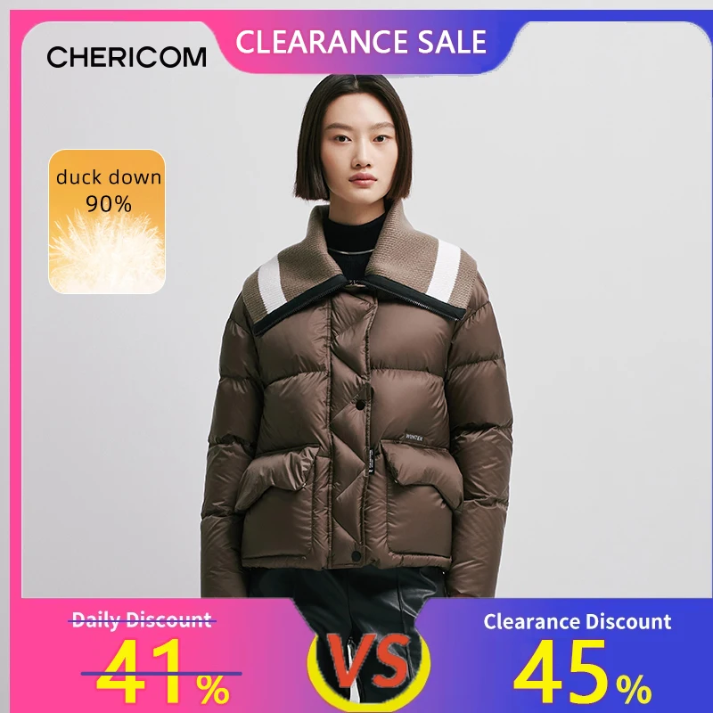 Chericom Chaqueta corta acolchada de invierno con solapa empalmada de punto para mujer, abrigos acolchados informales sueltos y gruesos de plumón de pato 298101