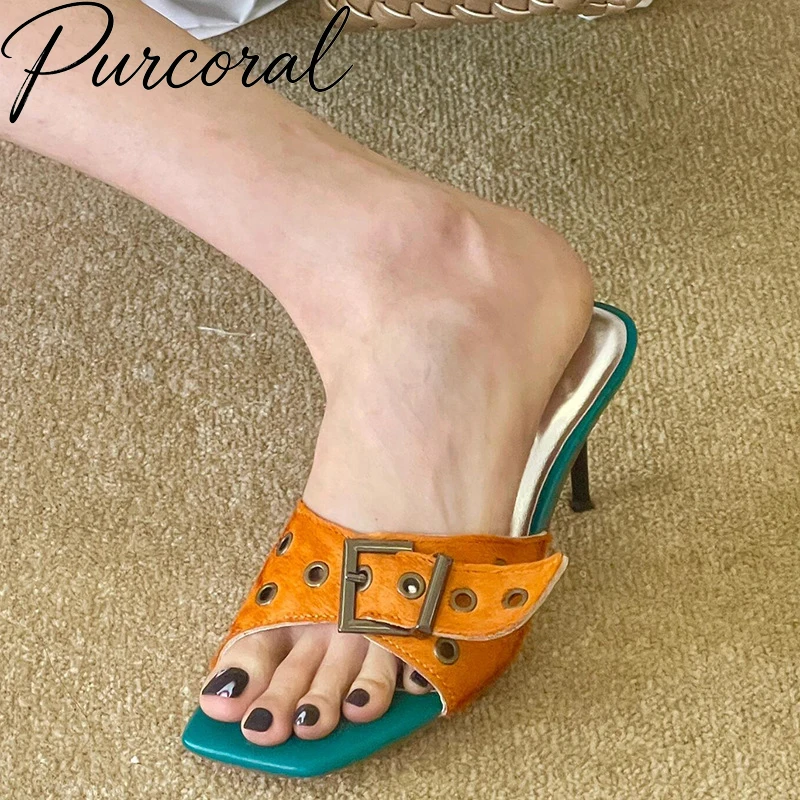 Contrast Color Rivet Buckle Stiletto Mules Women Square Open Toe Thin High Heel Slip On Slide Sandals 2026 Summer Party Heels