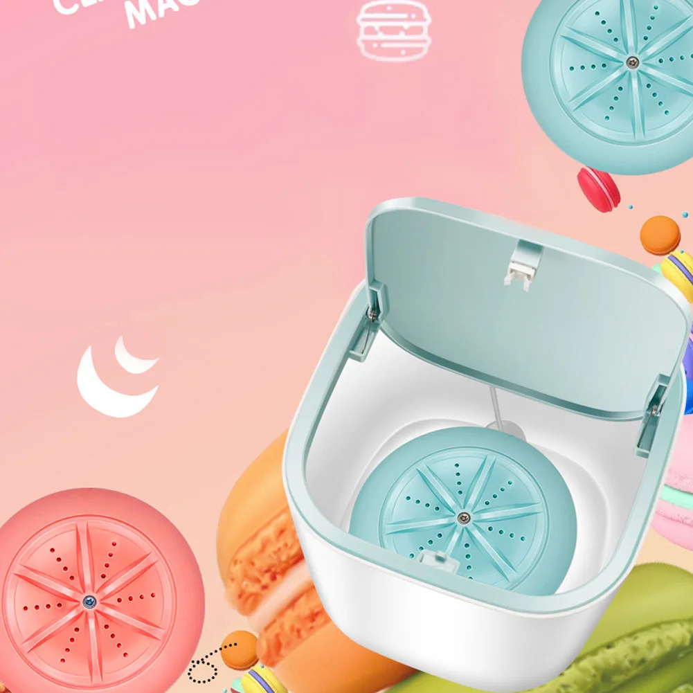 Portable Ultrasonic Electric Washing Machine USB Charging Mini Tabbletop Clothes Washing Super Shock Wave Laundry Macaron Blue