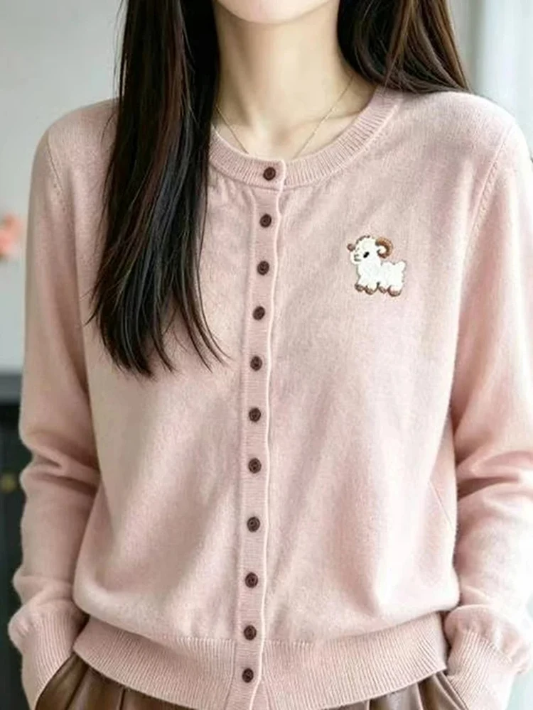 Sweet Style round Neck Button Embroidered Knitted Cardigan Women's Elegant Commute Sweater Jacket Versatile Simple Knitwear Top