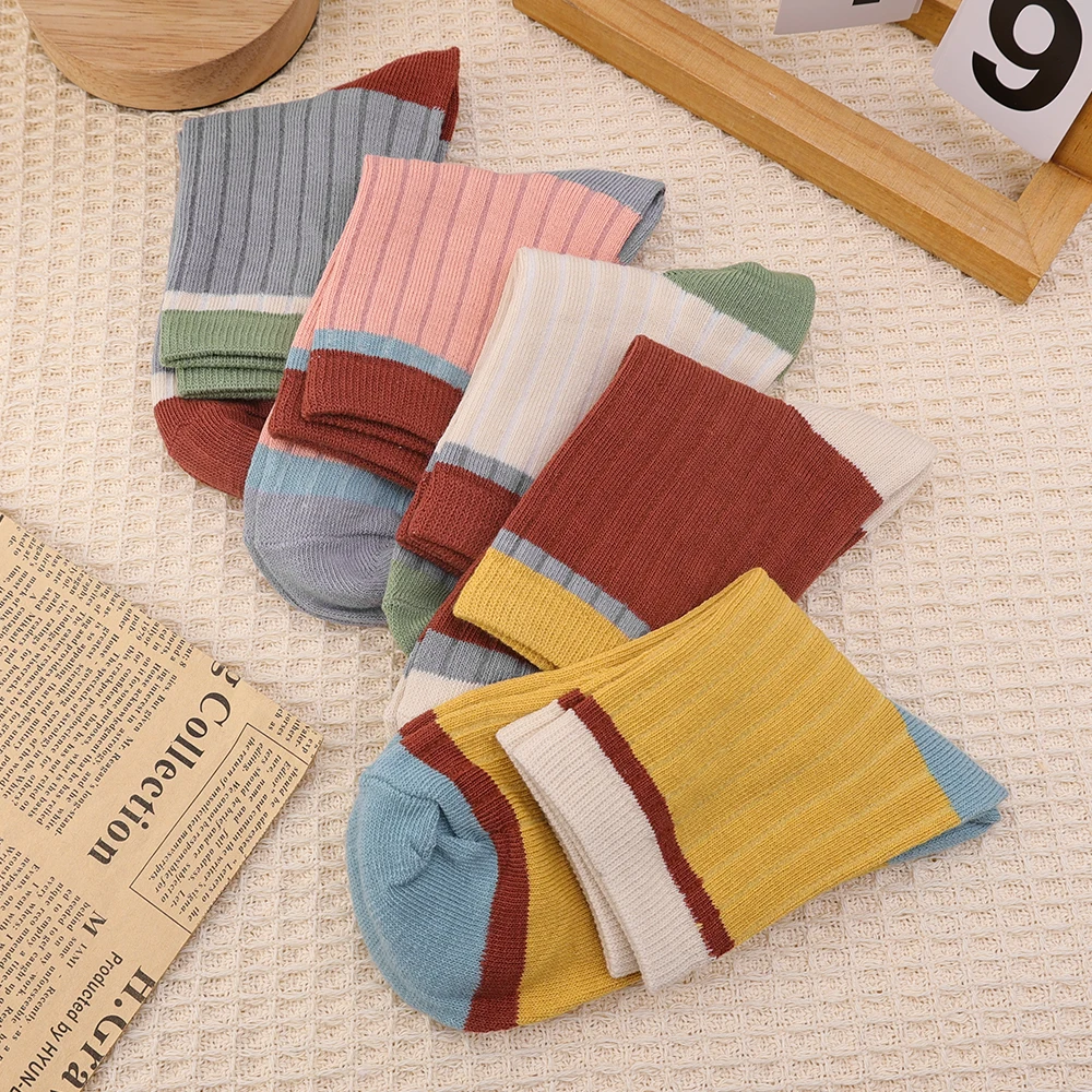 1/3/5Pairs Thickened Striped Women Socks Harajuku Retro Solid Color Mid-tube Socks Autumn Winter Breathable Sweat-absorbent Sock