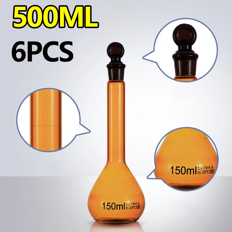 6 pieces brown volumetric flask 500ml fixed volume bottle with stopper ground mouth high borosilicate glass