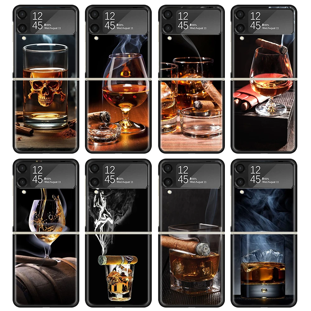 Cigar Whiskey Ice Drink Phone Case For Samsung Z Flip 6 5 4 3 Galaxy ZFlip6 5G Flip5 Flip4 Black Hard Camera Protective Cover