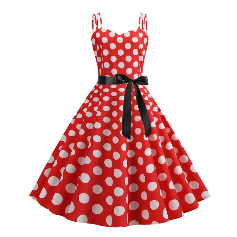 

Dot Sundress Elegant Retro A-line Midi Dress with Bow Decor Dot Print for Women for Parties Weddings Proms Sleeveless Dress