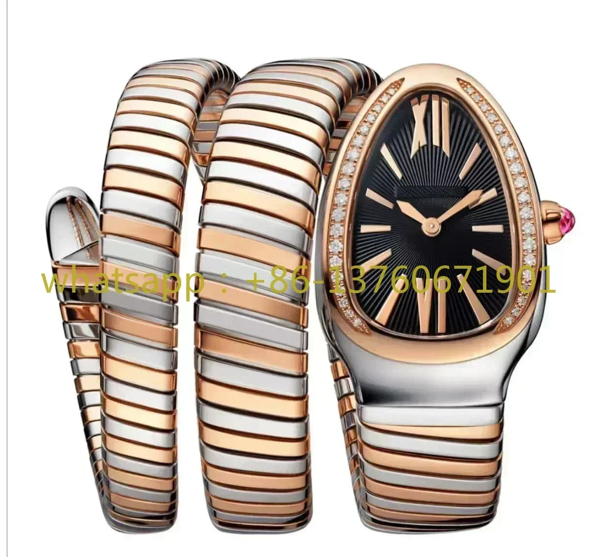 Luxury Women Snake Silver Rose Gold Long Bracelet Diamonds Bezel Rome Quartz Stainless Steel Sapphire Lady