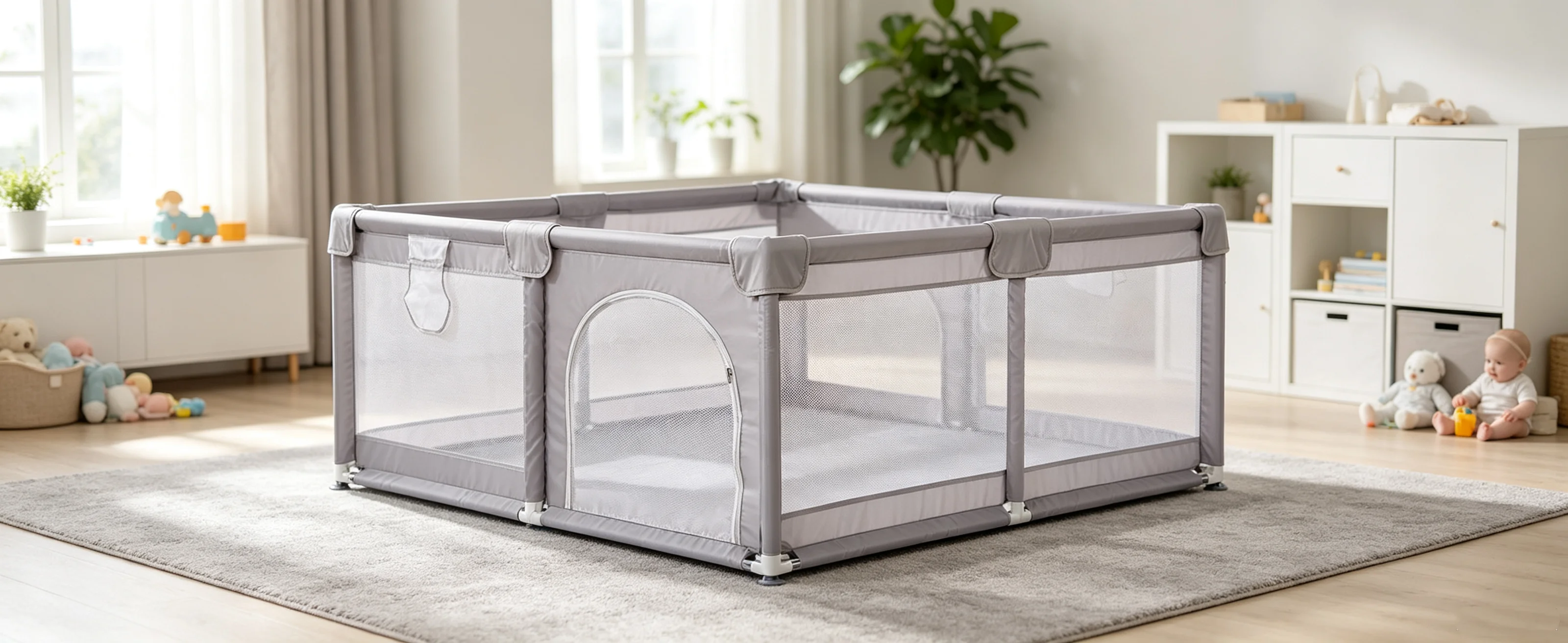 Baby-Laufstall, Kinder-Laufstall mit Matte, Kleiner Baby-Laufstall mit Barrieren, Oxford-Stoff Baby-Laufstall, Laufstall, Grau, 1,5 x 1,8 m – Detail 3