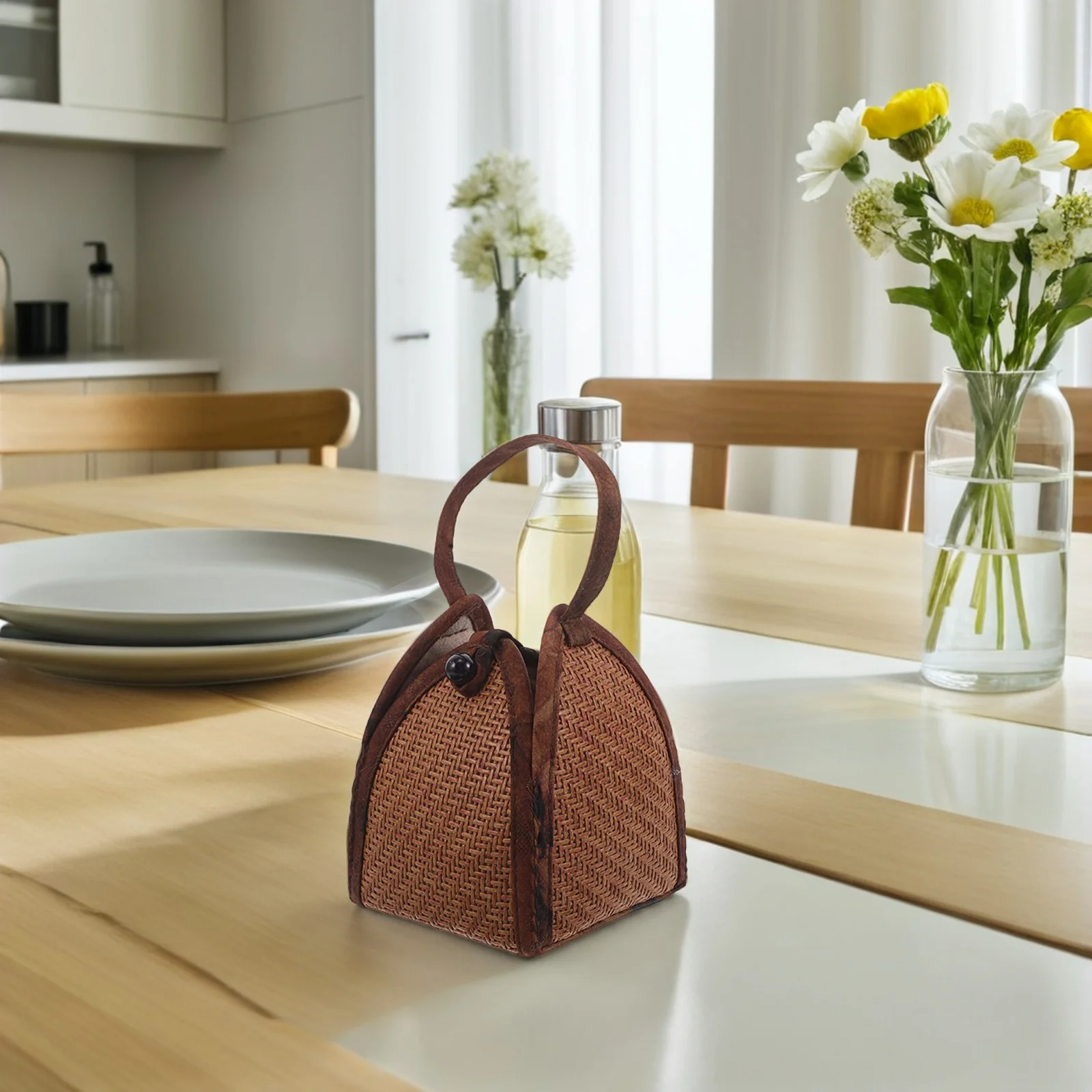 

Rattan Tea Set Storage Bag Woven Holder for Cup Carry Case Small Carrying Pouch Round