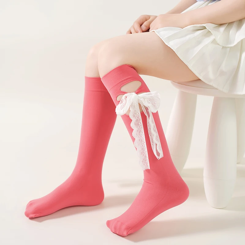 Lovely Girls Multi Color Velvet Mid Calf Socks Streamer Large Bow Craft Hollow Hole Knit Structure Light Flexible Loose Hosiery