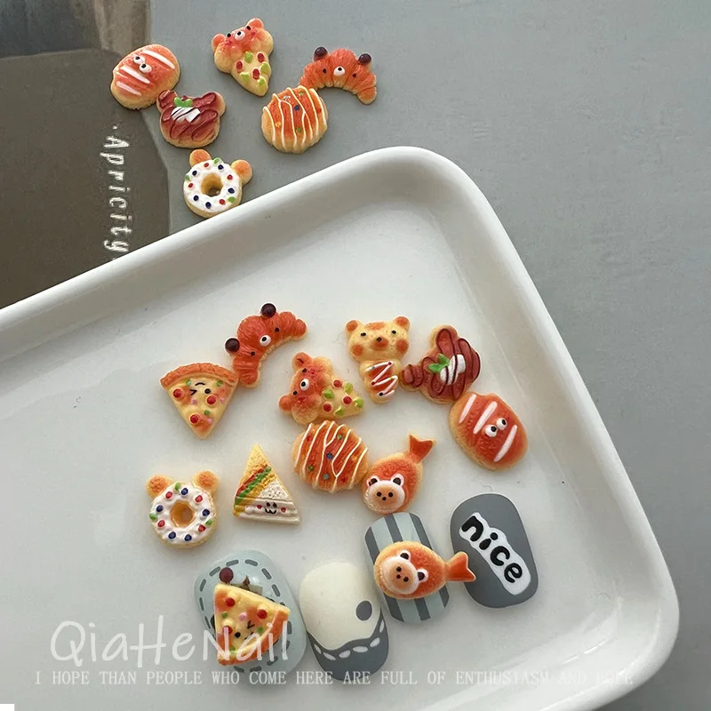 20pcs cute cream glue bear croissant donut mini cartoon nail charms resin DIY nail decoration nail art jewelry