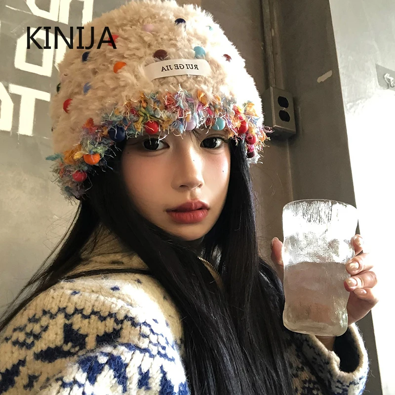 Women Colorful Earmuffs Beanie Hat Winter Warm Fluffy Plush Skullies Cap Korean Cold-proof Knitted Ski Snow Bonnet Plu Hat