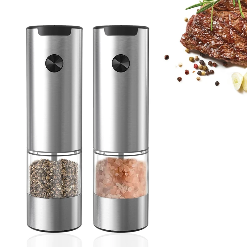 

Silver Stainless Steel Salt And Pepper Mills Electric Set Of 2 Battery Operated White LED Light And Adjustable Coarseness