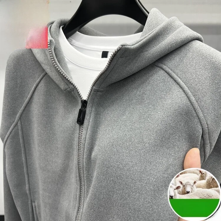 

Men's Hooded Thiened Woolen Sweatirt Particle Fce Cardigan Pure Color Warm Casual Jaet Autumn Winter Faion Trend