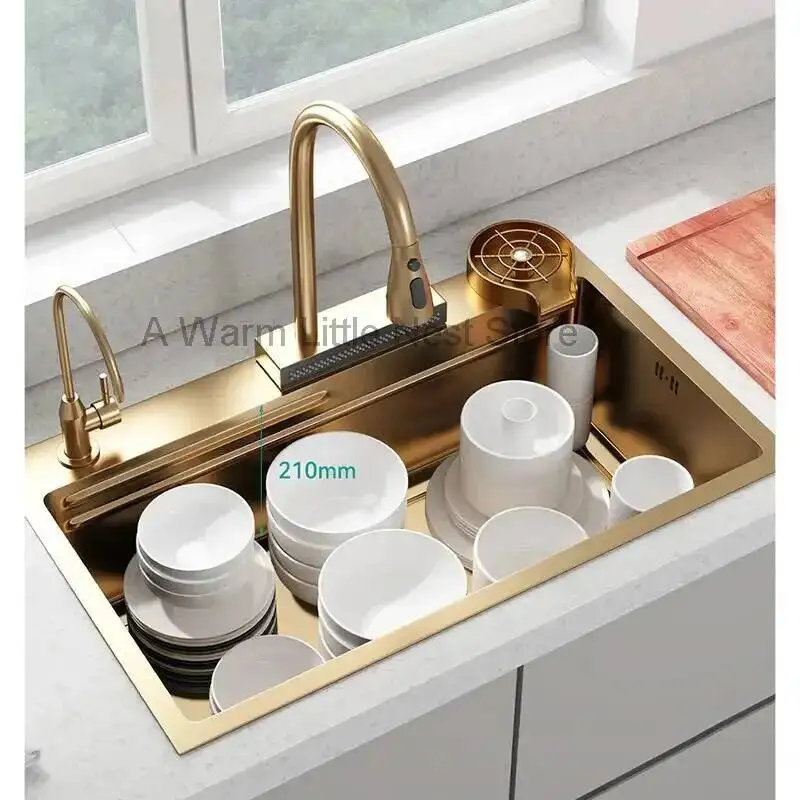

Beige Gold Sinks for Hotel Personalized Modern Thickened Metal Smart Kitchen Sink Minimalist Kitchen Sinks with Basket for Home