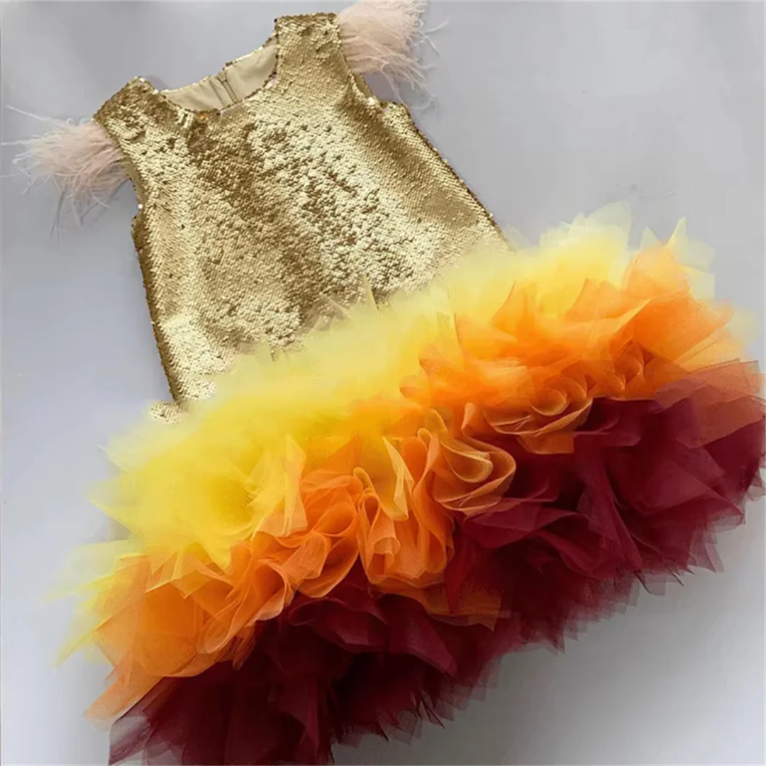 Girl Princess Feather Sequin Dress Infant Toddler Child Teens Rainbow Vestido Party Pageant Birthday Baby Clothes