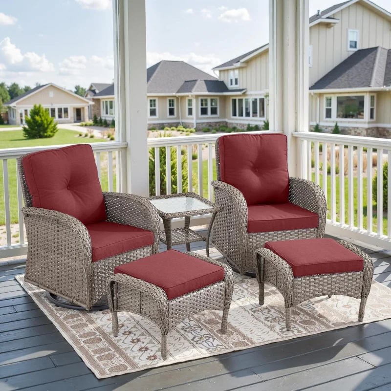 

5-Piece Patio Swivel Rocker Set, 2 Wicker Chairs + Ottomans & Glass Table, High Back Conversation Sunroom Deck