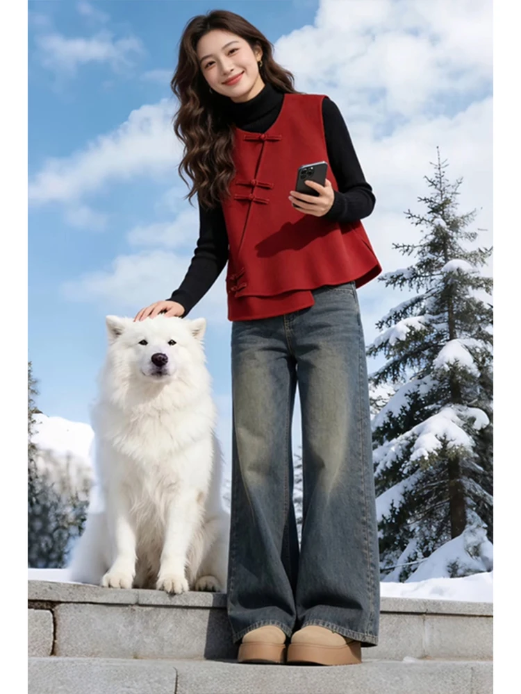 

Красный китайский жилет с косыми пуговицами для женщин, модная верхняя одежда, многослойный топ-жилет, весна 2026, новинка