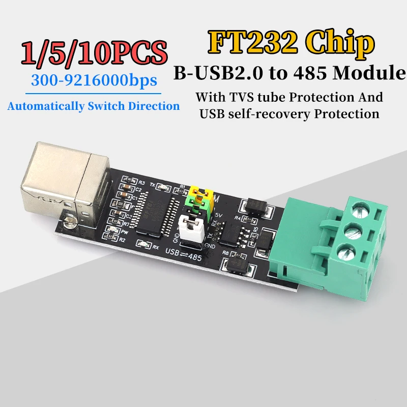 1/5/10PCS USB-B 2.0 to RS485 Module With Double Protection FT232 Chip USB to TTL/RS485 Bidirectional Automatic Switching
