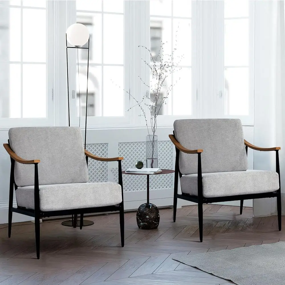 

Pair of Modern Upholstered Accent Chairs for Living Room or Bedroom, Comfortable Metal Frame, Grey
