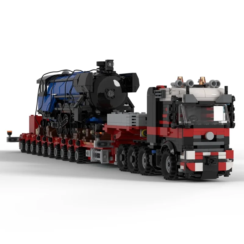 City Transpor 8x4 Semi Tractor with 10-Axle Extendable Low Loader Model MOC Building Blocks Urban Freight Vehicle Brick Toy Gift