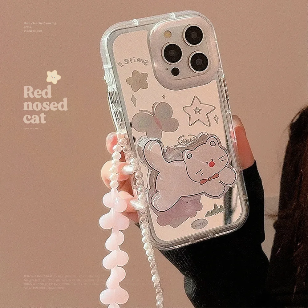 Nette Cartoon Kawaii Katze Ständer Halter Spiegel Perlen Armband Telefon Fall Für iPhone 16 15 14 13 12 11 Pro Max Xs max XR X Zurück Abdeckung