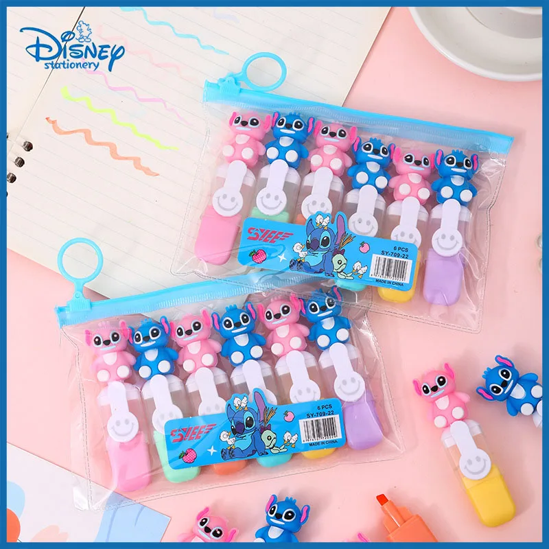 6pcs Disney Anime Lilo And Stitch Bagged Mini Highlighter Cartoon 6color Diy Handbook Pen Cute Student Marker Stationery Gift