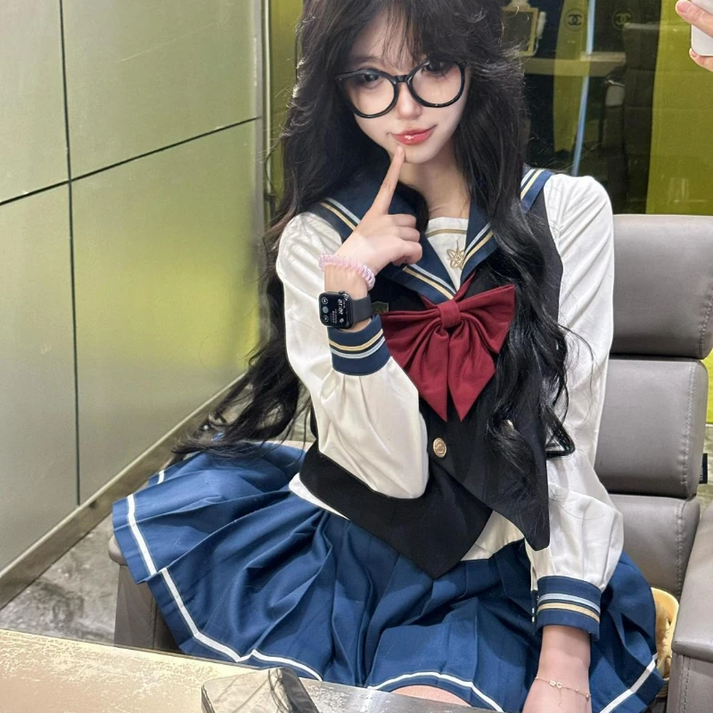 

Japan Kawaii Preppy Style Skirt Set Women Sweet Bow Sailor Collar Vest Shirt Cute Mini Pleated Skirts Y2k Lolita JK Uniform Suit