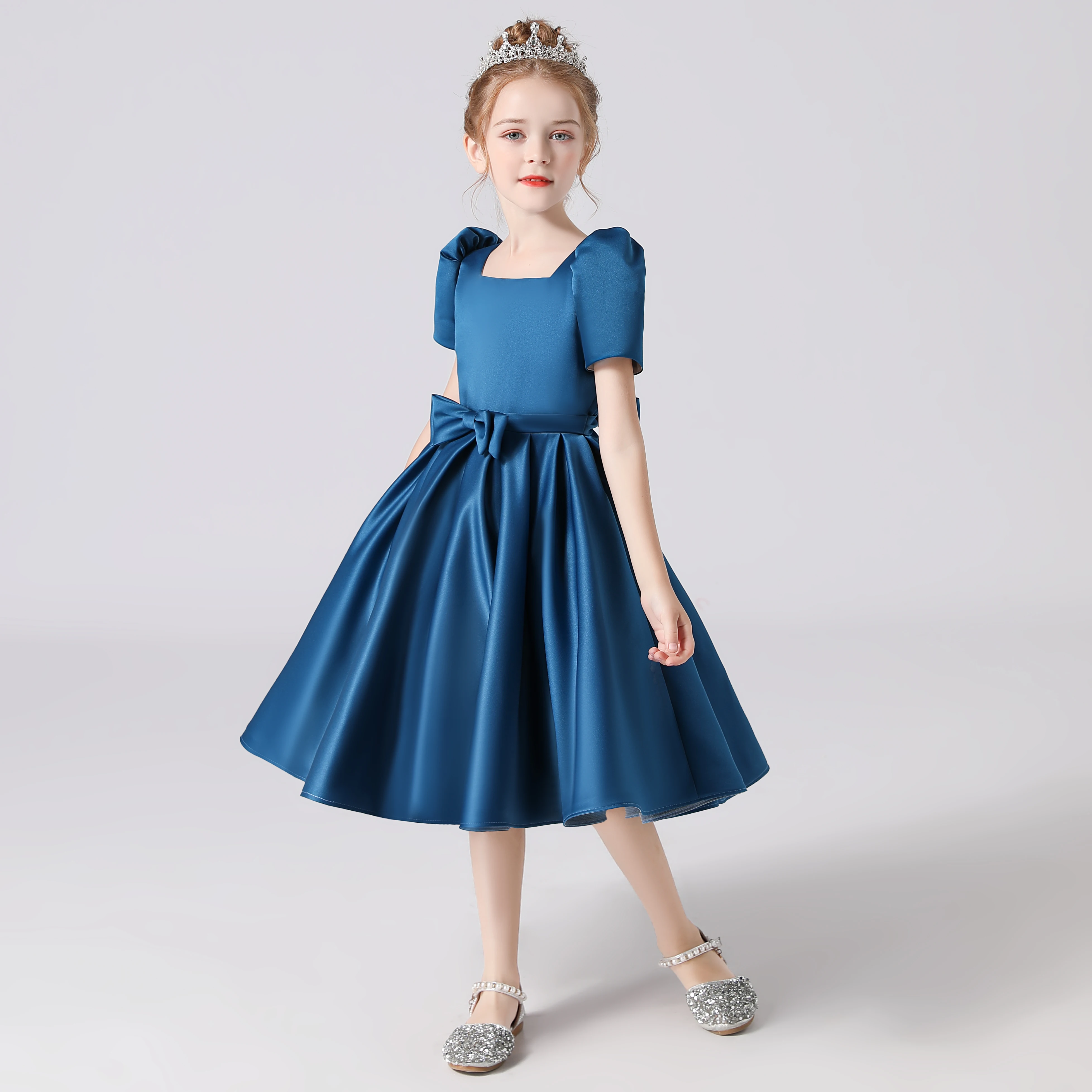 Dideyttawl Customized Satin Short Girl Dress For Formal Evening Party Simple Knee Length Kids Birthday Concert Party Junior