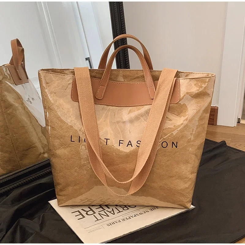 Klare Tragetasche aus PVC-Kraftpapier mit Farbkontrast, luxuriöse Vintage-Hobo-Umhängetasche, wasserdichte Shopper-Handtasche mit Buchstaben oben – Detail 21