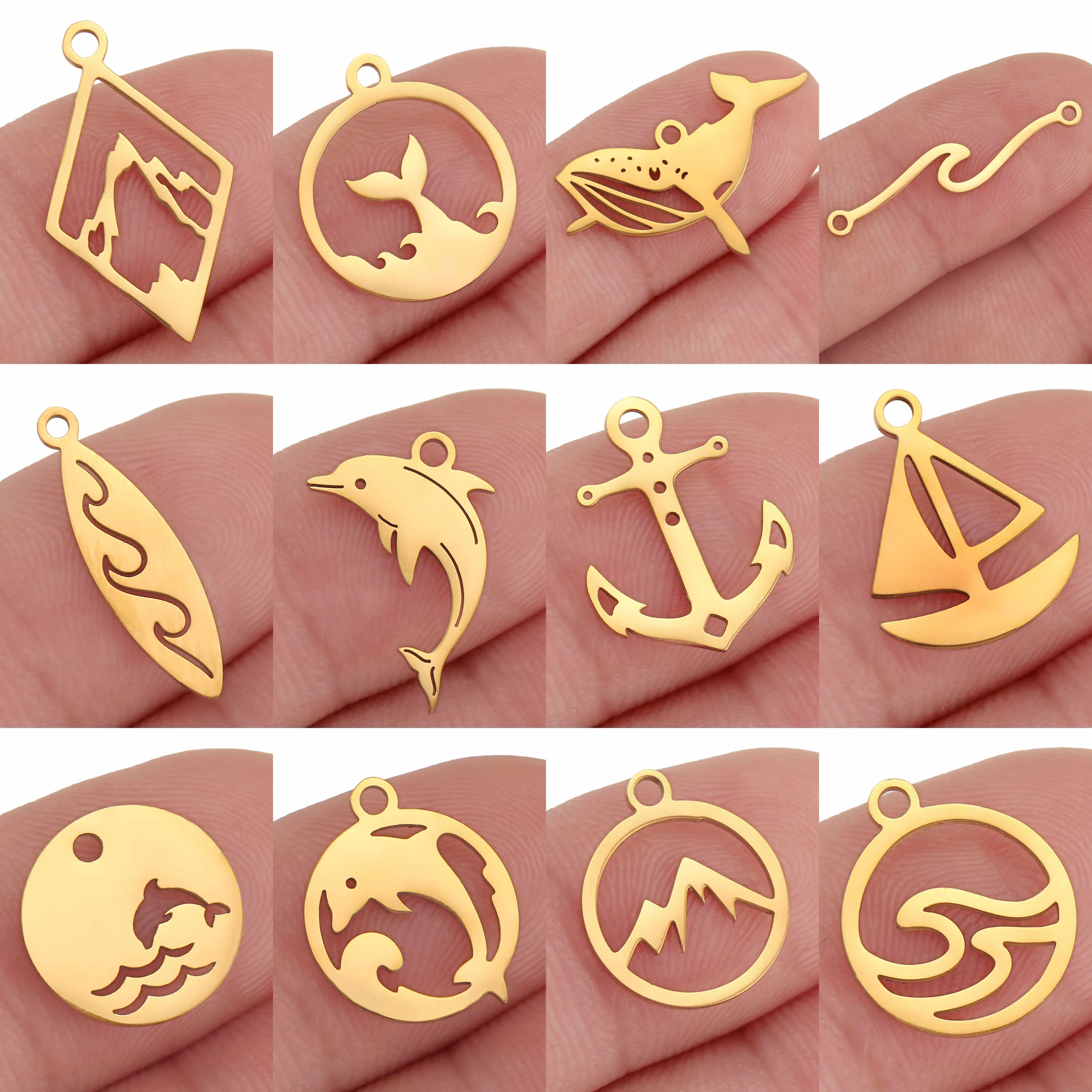 5Pcs Whale/Ship Sight/Dolphin/Marine Waves Charms Stainless Steel Hawaii Animal Sea Pendant DIY Bracelet Necklace Jewelry Making