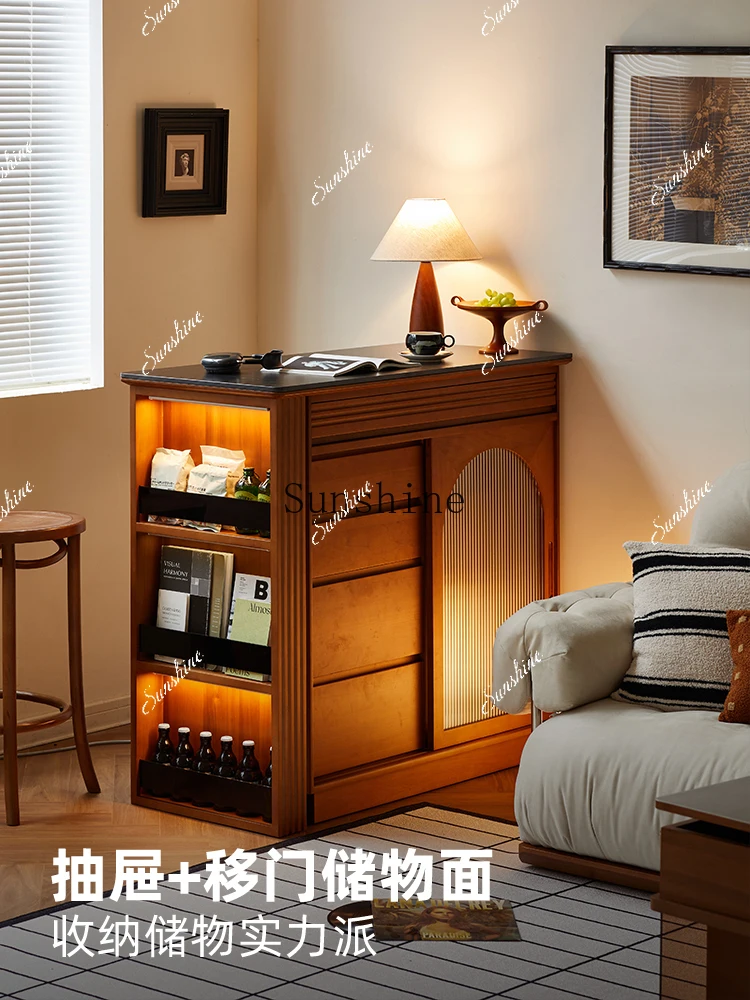Retro bar cabinet solid wood rock slab island table small apartment retractable table living room operation table lockerYY