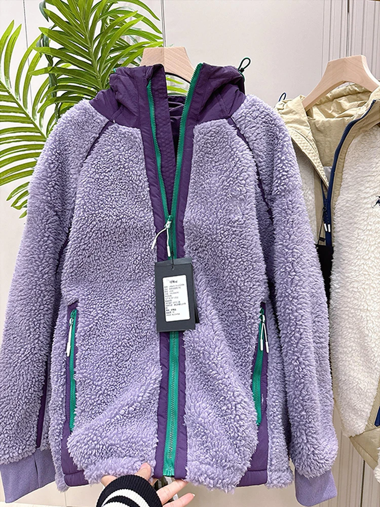 

Lamb Fur Lined Hooded Cotton Vest Men's Winter Warmth Insulation Fce Jaet Cotton Clothes Purple Taro Root Youth Casual