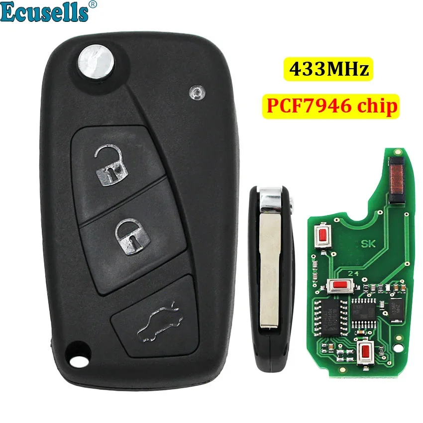 

Folding Flip 3 Button Remote Key 433Mhz PCF7946 Chip with Uncut Blade for Fiat 500 Panda Idea Punto Stilo Ducato Black