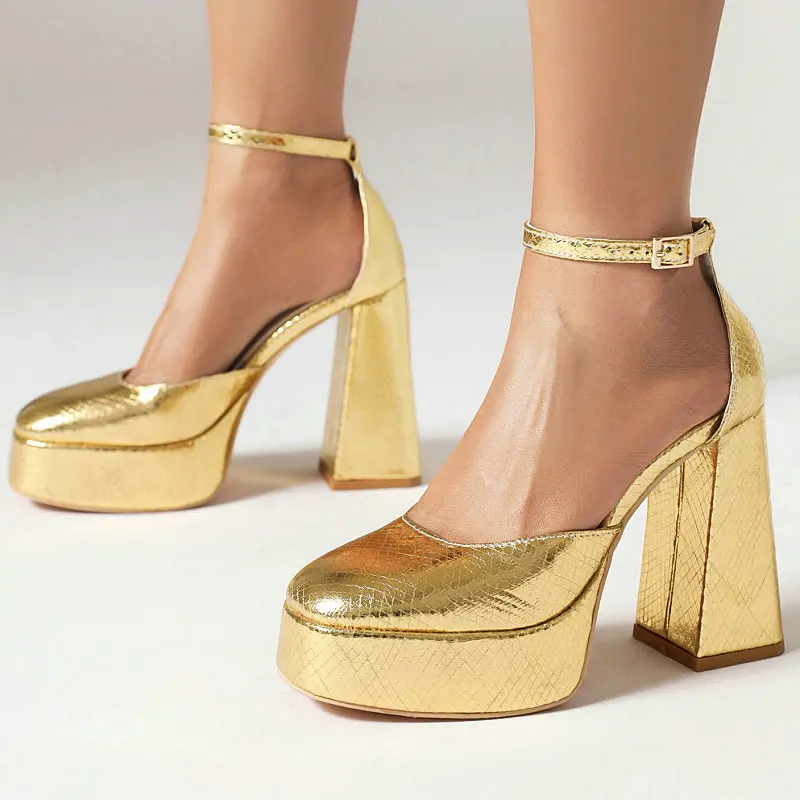 

Golden Silver Shiny Sandals Party Wedding Thick Heels Pumps Summer Women Shoes Closed Toe Platform Block High Heeled Sandals