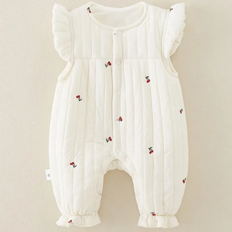 

Newborn Baby Girl Fleece Inside Cherry Embroidery Cotton Padded Vest Romper Infant LongSleeve Warm Jumpsuit Winter Clothes 3-18M